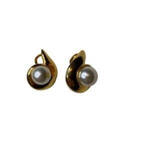 Vintage Premier Designs nautilus clip-on earrings. Faux Pearl and gold tone